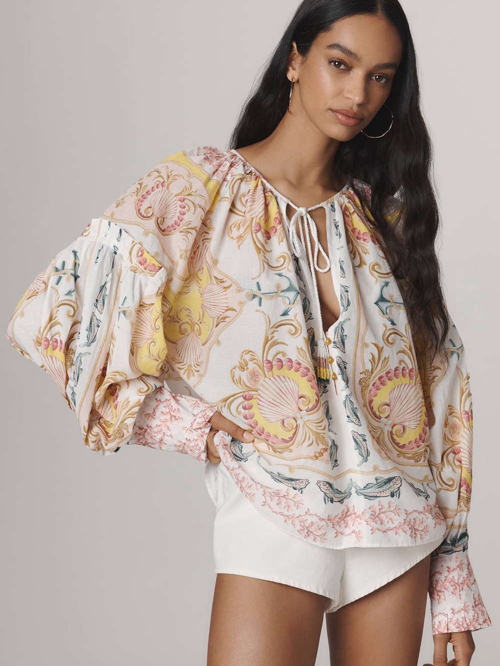 Bohemian Shell-Print Peasant Blouse - White & Yellow